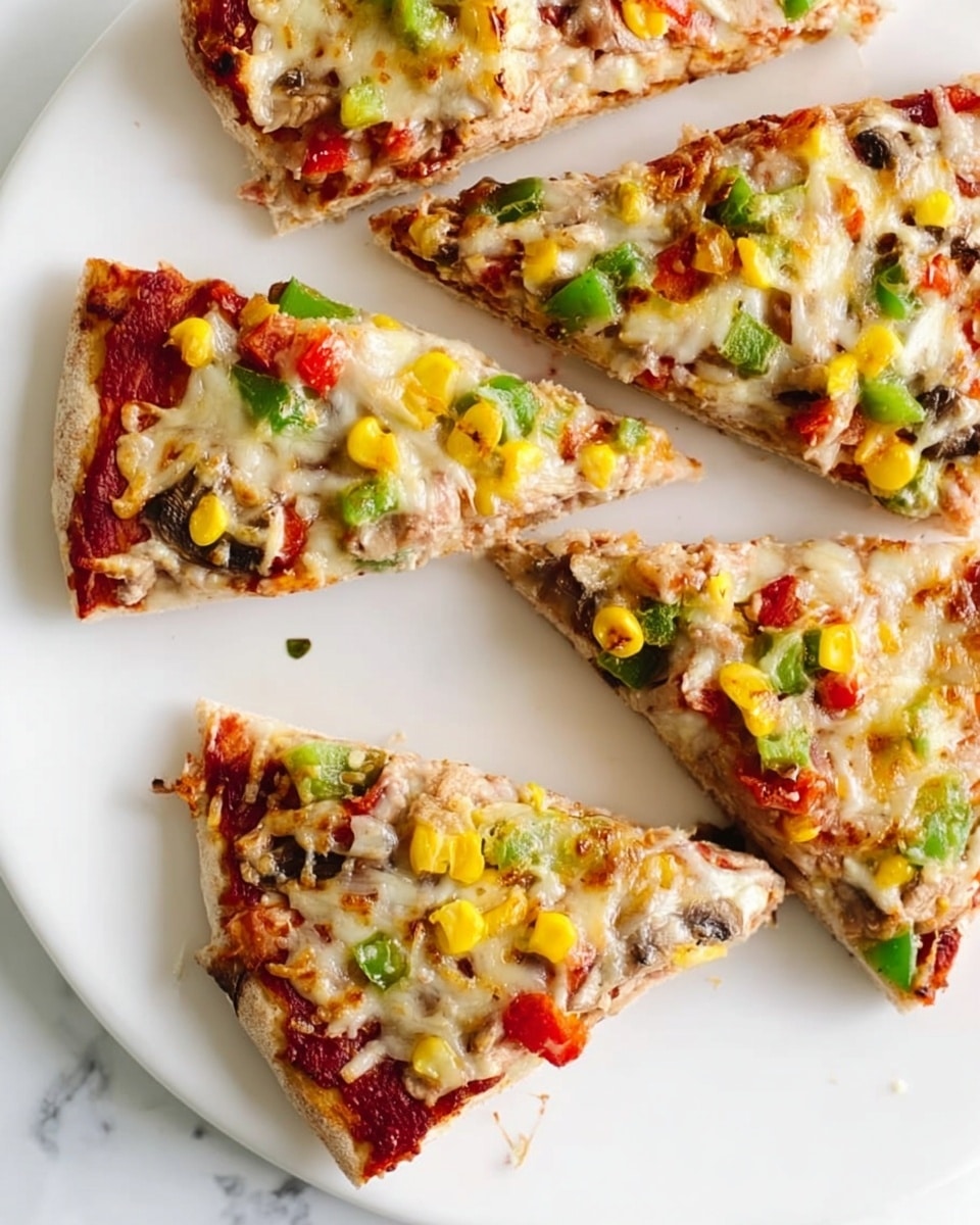 The image shows five slices of veggie pizza on a white plate placed on a white marbled surface. Each slice has a thin crust base topped with a layer of red tomato sauce, followed by melted cheese that is light yellow and slightly browned. Scattered on the cheese are small pieces of yellow corn, green bell peppers, and red bell peppers, along with some light brown chunks that look like mushrooms or another vegetable. The textures appear soft and melted on top with a crispy crust edge. Photo taken with an iphone --ar 4:5 --v 7
