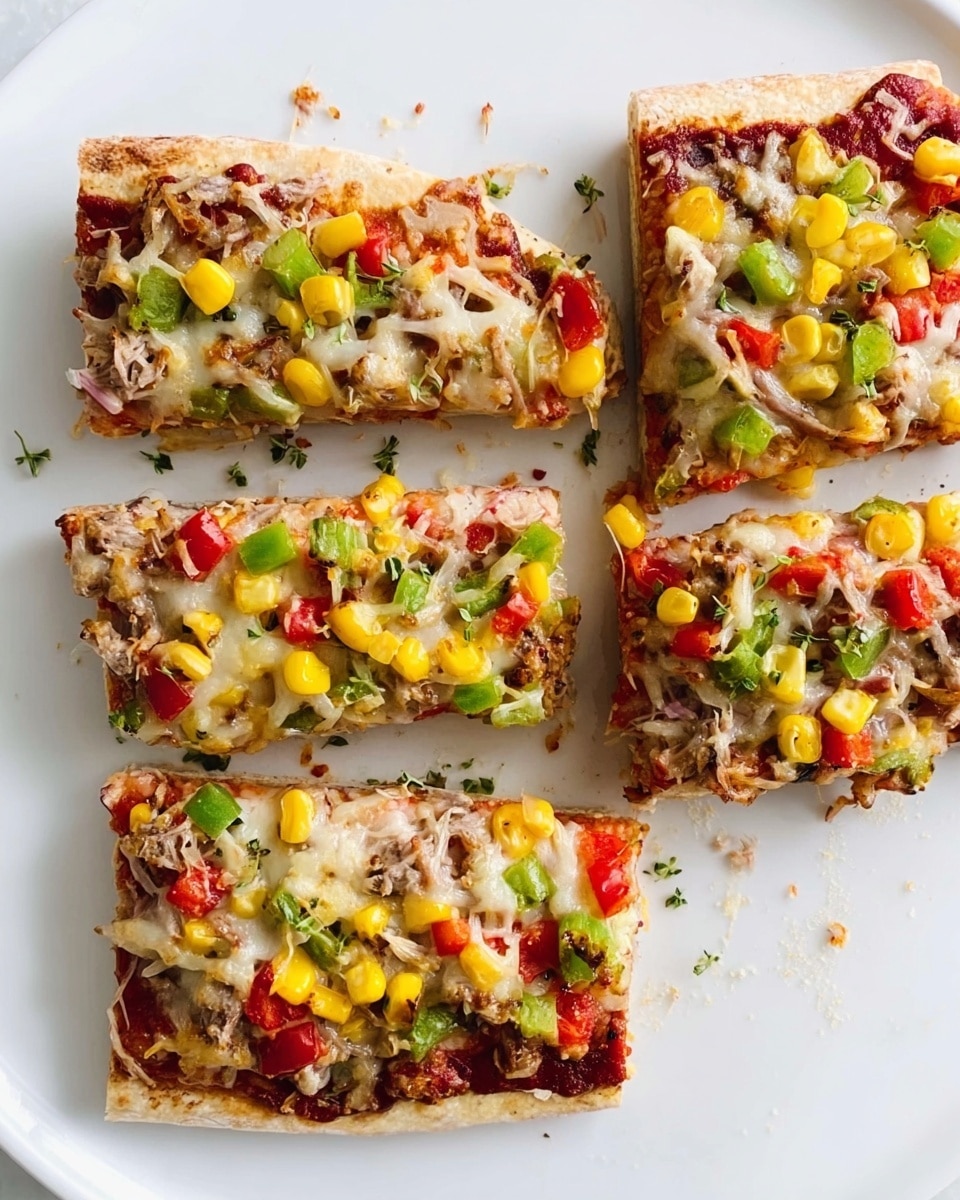 The image shows five slices of a thin, rectangular pizza on a white plate, all arranged on a white marbled surface. Each slice has multiple layers, starting with a thin beige crust as the base. On top of the crust is a deep red tomato sauce, followed by a layer of melted light yellow cheese that covers the entire slice unevenly. Scattered on top are pieces of bright yellow corn, small green bell pepper chunks, and red bell pepper bits mixed with shredded light brown meat. Some crumbs and small bits of the toppings are visible on the plate around the slices. photo taken with an iphone --ar 4:5 --v 7