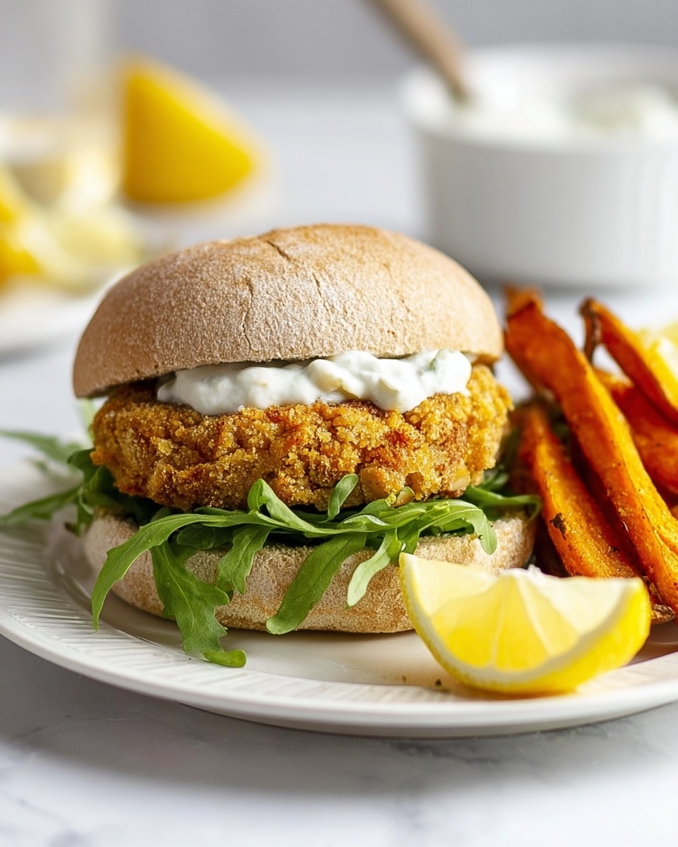 A close-up of a sandwich on a white plate with a white marbled background. The sandwich has three layers: a light brown whole grain bun on top, a thick, golden-brown crispy fried patty in the middle, and fresh green arugula leaves at the bottom. A dollop of white sauce is on top of the fried patty, and two lemon wedges rest on the plate next to the sandwich. To the right of the sandwich are golden sweet potato fries standing upright. In the blurred background, there is a white bowl with a white spoon inside. photo taken with an iphone --ar 4:5 --v 7