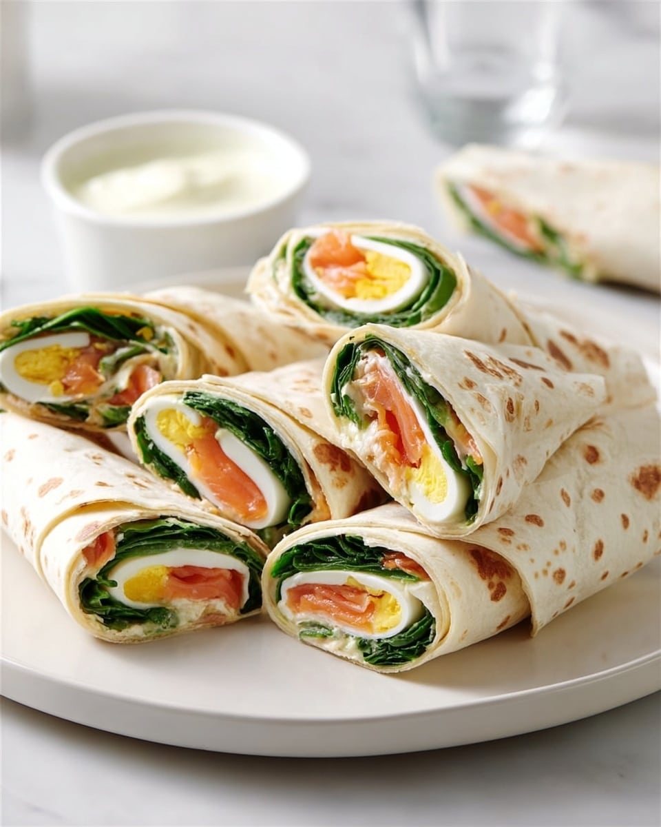 A large white plate sits on a white marbled surface, holding several folded wraps. Each wrap has a light beige tortilla with small brown spots, and they are cut or folded to show the inside layers. Inside, there is a layer of green leafy spinach, bright orange smoked salmon, and slices of hard-boiled egg with white and yellow parts visible. The wraps are stacked with some lying flat and others leaning on each other. In the background, a white bowl contains a creamy white sauce. Photo taken with an iphone --ar 4:5 --v 7