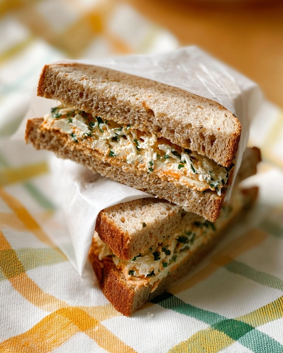 The image shows a sandwich cut into two triangles, stacked with one leaning on the other, wrapped partly in white paper. The sandwich has two layers of soft, light brown bread with a mix of shredded white cheese and finely chopped green herbs in the middle, along with a spread that looks creamy and light orange in color. The sandwich rests on a white marbled surface over a stretched cloth with a checked pattern in yellow, green, orange, and light blue. Photo taken with an iphone --ar 4:5 --v 7