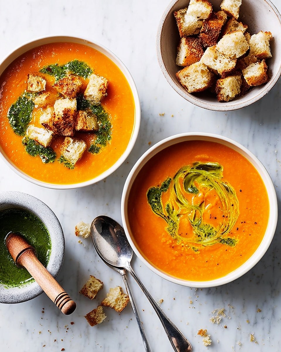 Two white bowls of bright orange soup are placed on a white marbled surface. The soup in each bowl has a smooth texture with swirls of dark green sauce on top. One bowl is garnished with large pieces of golden-brown toasted bread croutons mixed into the soup. A small white bowl beside them holds more croutons, showing their crunchy texture. Nearby, a white mortar with some green sauce and a wooden pestle rests on the surface. Two metal spoons lie casually next to the bowls, adding to the scene. photo taken with an iphone --ar 4:5 --v 7