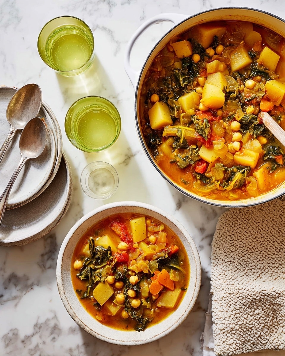 The image shows a white pot filled with a colorful stew, with visible layers of chunky yellow potatoes, green leafy kale, light beige chickpeas, and small orange vegetable pieces all mixed in a rich orange broth. Below the pot, a white bowl holds a serving of the stew, showing the same layers and textures in a cozy, hearty mix. To the left, there are two silver spoons resting on empty white plates. Two glasses with yellow-green liquid are placed near the pot, and a textured white cloth is folded on the right side, all set on a white marbled surface. photo taken with an iphone --ar 4:5 --v 7
