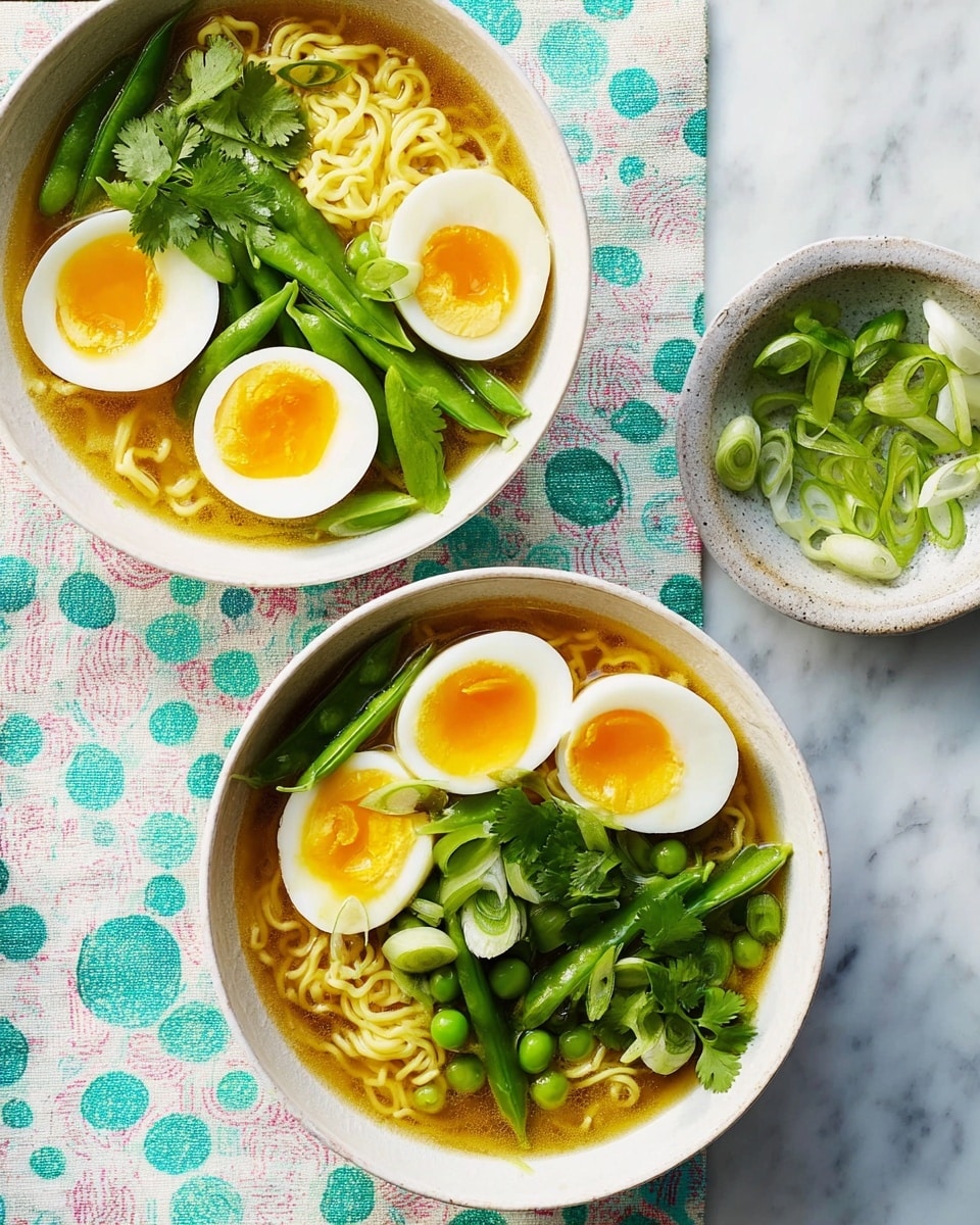 Two white bowls are filled with three layers: at the bottom, yellow noodles with a soft texture, in the middle, a golden broth covering the noodles, and on top, sliced soft-boiled eggs with bright yellow yolks, fresh green pea pods, sliced light green scallions, and green cilantro leaves arranged neatly. To the top right, a small white bowl holds more sliced scallions. The bowls sit on a white marbled surface next to a patterned cloth with pale green, blue, and pink circles on white. Photo taken with an iphone --ar 4:5 --v 7