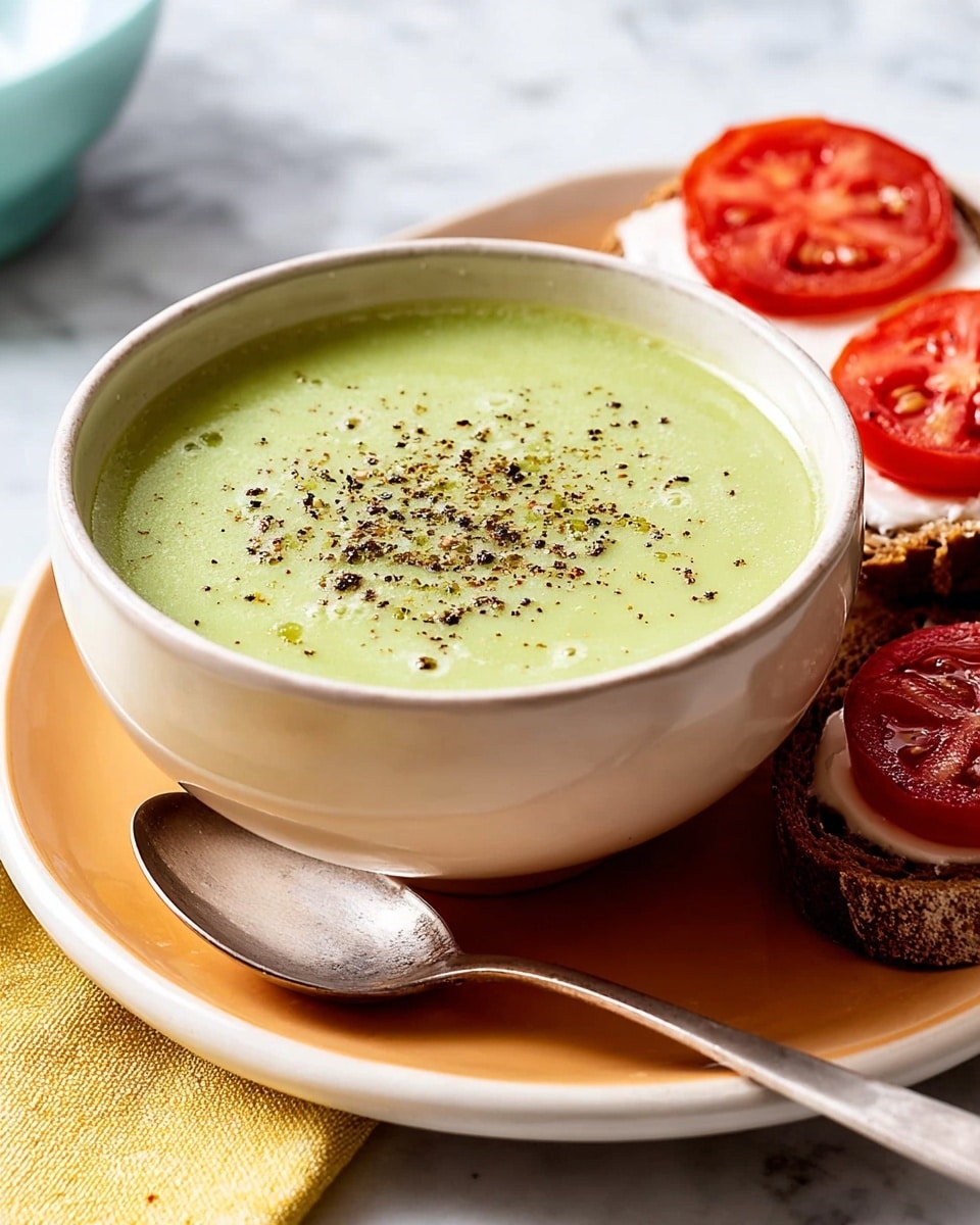 A white bowl filled with smooth light green soup, topped with a sprinkle of cracked black pepper in the center. The bowl sits on a white plate with an orange base, next to a silver spoon. Near the bowl, there is a piece of brown bread with a white spread and two bright red tomato slices on top. The setting is on a white marbled surface with part of a yellow cloth visible in the corner. Photo taken with an iphone --ar 4:5 --v 7