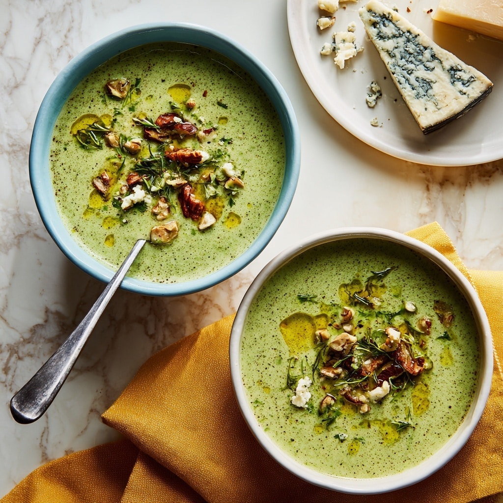 Two bowls of creamy green soup sit on a yellow cloth over a white marbled surface. The bowl on the left is light blue, filled with thick green soup topped with a drizzle of golden oil, small pieces of nuts and seeds in light brown and green, tiny chopped green herbs, and crumbled white cheese bits. A metal spoon rests inside this bowl. The bowl on the right is white, also full of the same green soup with similar toppings of golden oil drizzle, green herbs, nuts, and white cheese crumbs scattered on top. Behind the bowls, there is a white plate with a wedge of blue-veined cheese and some crumbs around it. Photo taken with an iphone --ar 4:5 --v 7