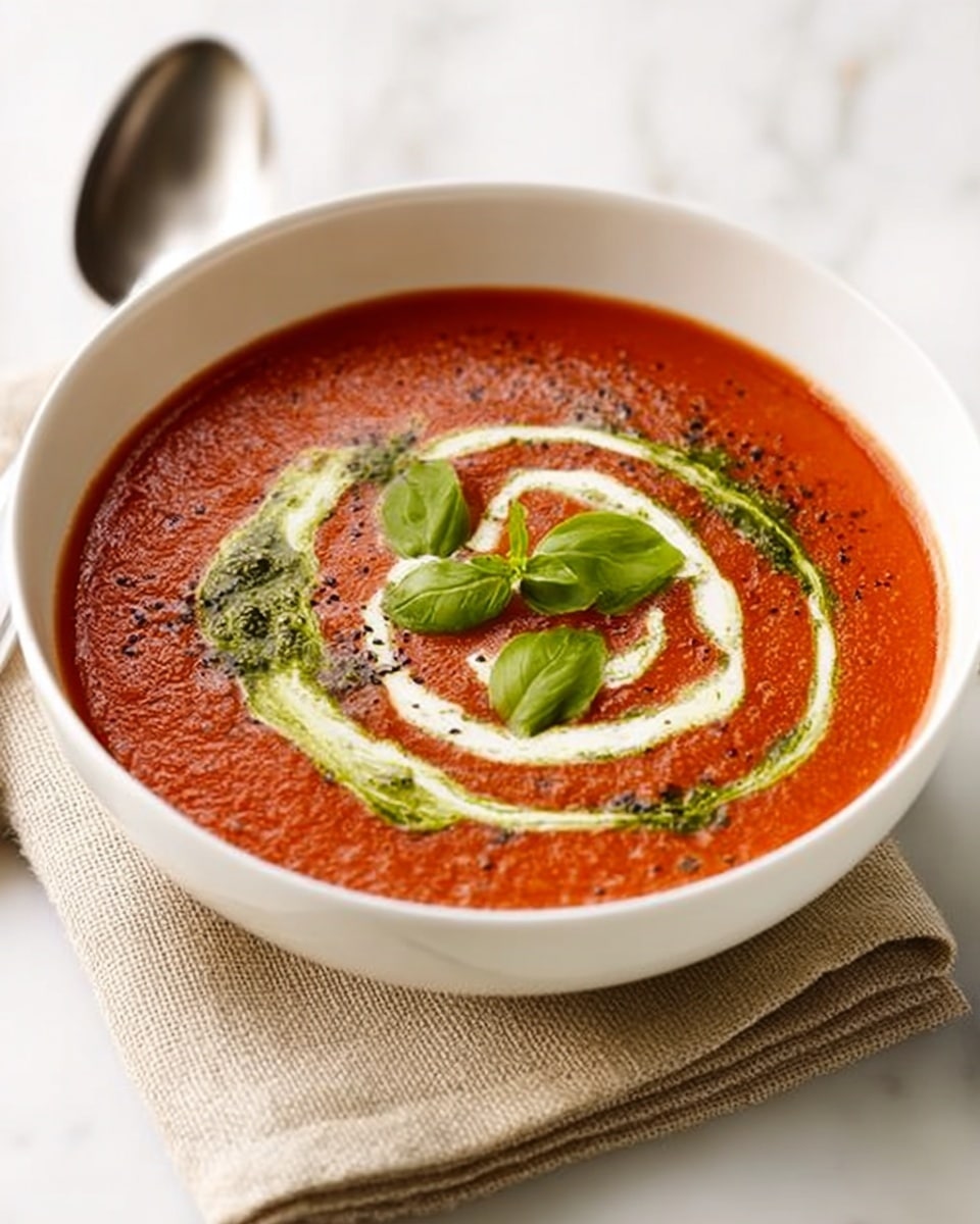 A white bowl filled with smooth red tomato soup, showing a thick texture. On top, there are swirls of white cream and green pesto sauce in a loose spiral pattern. Three fresh green basil leaves are placed in the center as decoration. The bowl sits on a folded beige cloth napkin on a white marbled surface. A silver spoon is placed to the left of the bowl. Photo taken with an iphone --ar 4:5 --v 7