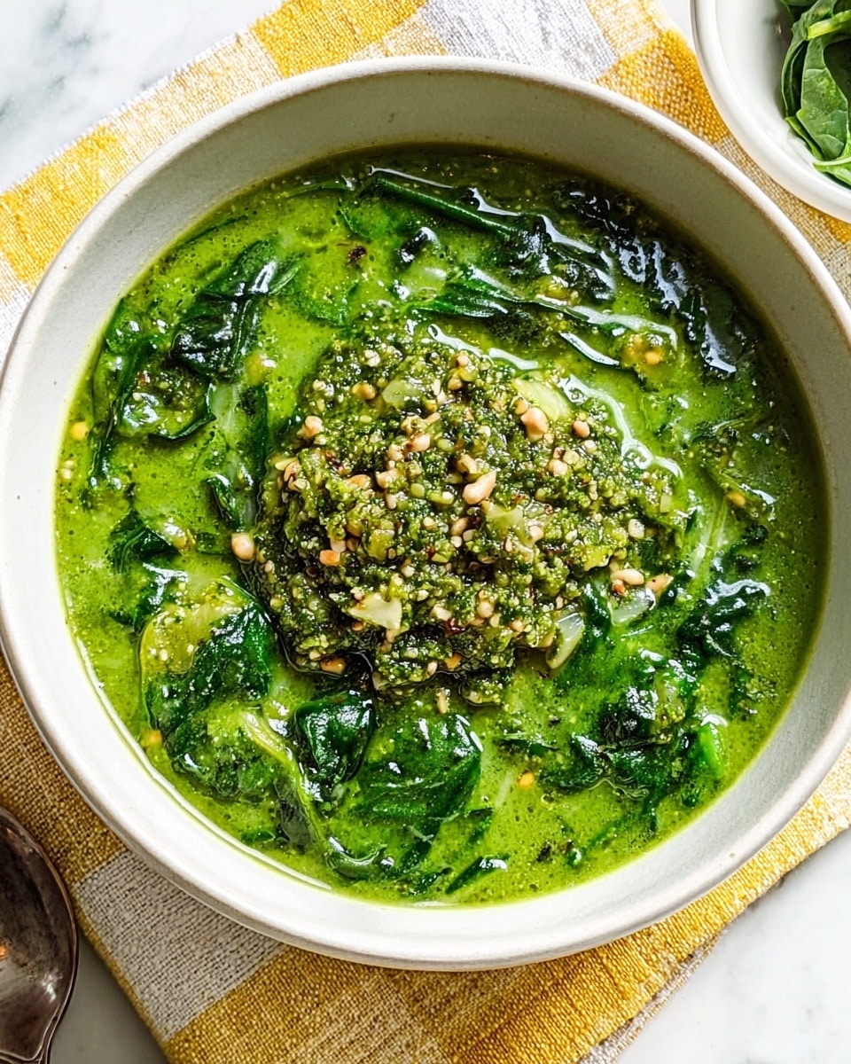 A white bowl contains a thick green soup with visible spinach leaves layered throughout. On top of the soup is a dollop of chunky textured green pesto mixed with chopped nuts or seeds, adding a rough texture and lighter green color contrast. The bowl is placed on a white marbled surface with a yellow and white checkered cloth partially visible underneath. The soup looks fresh and vibrant, with the pesto topping sitting slightly raised in the center, creating a focus point. Photo taken with an iphone --ar 4:5 --v 7