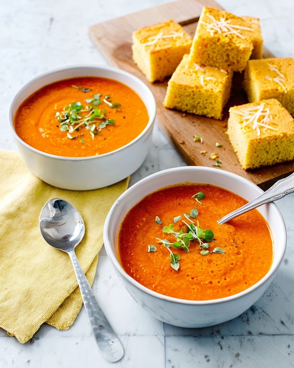 The image shows two white bowls filled with bright orange soup, each topped with small green herb leaves, placed on a white marbled surface. The soup looks smooth with a few small vegetable bits visible. One bowl has a spoon dipped inside, while the other bowl has a silver spoon resting beside it on a folded yellow cloth napkin. Behind the bowls, there is a wooden board with several square pieces of golden cornbread, some topped with melted cheese crumbs. The overall setting is bright and clean. Photo taken with an iphone --ar 4:5 --v 7