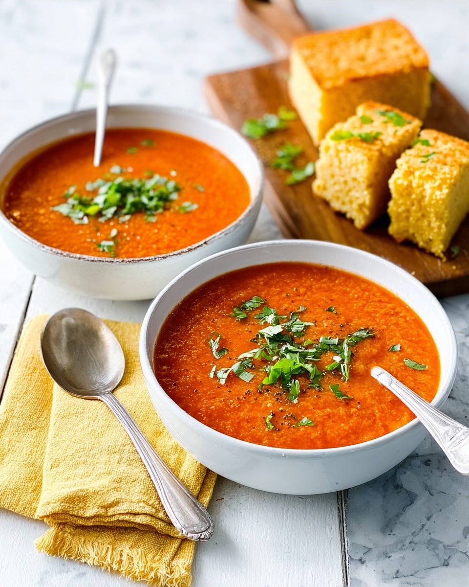 Two white bowls filled with orange tomato soup topped with fresh green herbs sit on a white marbled surface. One bowl has a spoon inside, while a silver spoon rests on a folded yellow cloth napkin beside the other bowl. Behind them is a wooden board with golden brown cornbread squares and a larger piece of cornbread, all showing a crumbly texture. Photo taken with an iphone --ar 4:5 --v 7