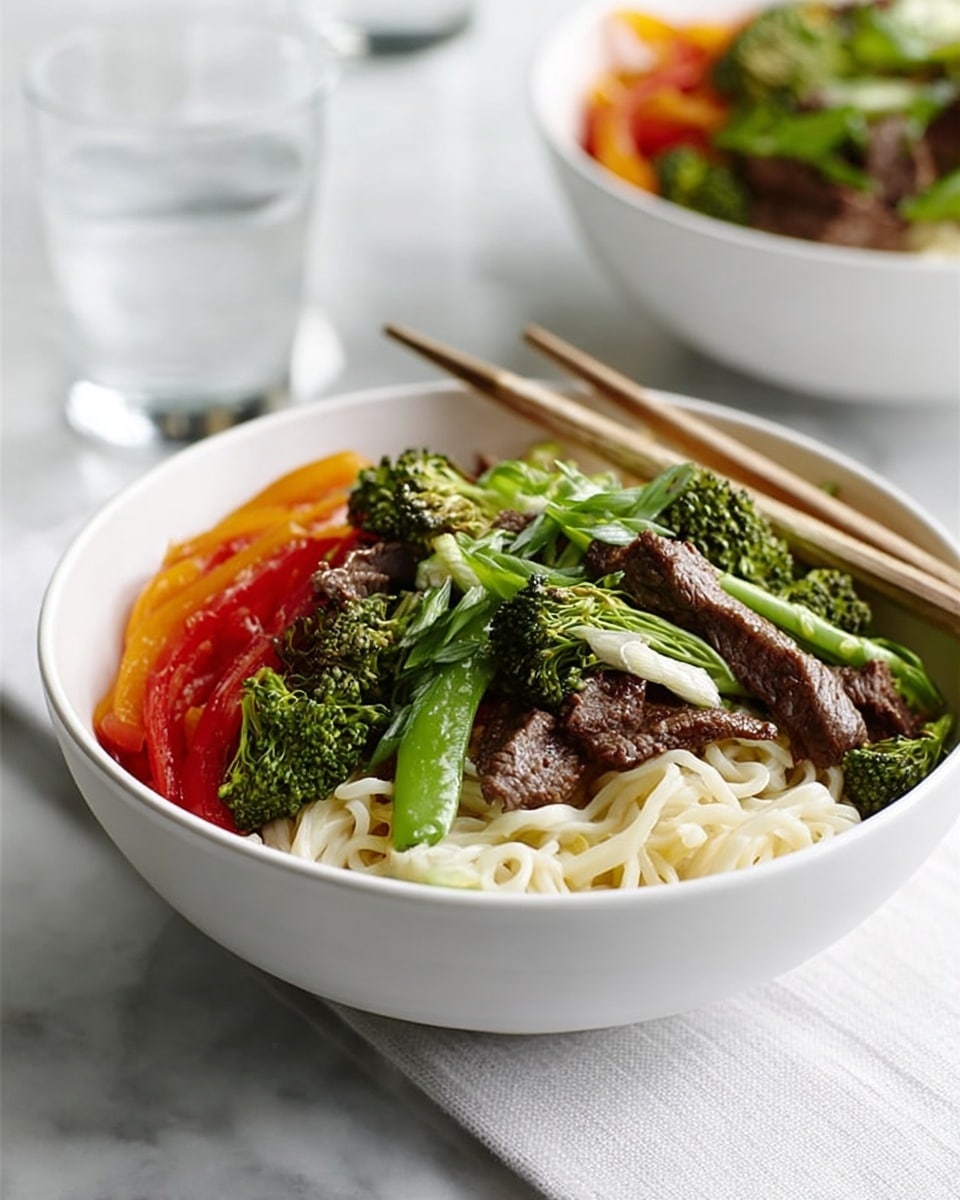 The image shows a white bowl filled with three main layers: at the bottom, there is a layer of smooth white noodles; on top of the noodles, there are slices of bright red bell pepper and green snap peas spread evenly; the top layer consists of dark brown pieces of cooked beef mixed with vibrant green broccoli florets and scallions, giving a fresh and colorful look. Resting on the bowl's edge are a pair of light wooden chopsticks. The bowl sits on a white marbled surface, and a blurred similar bowl and glass of water are in the background. photo taken with an iphone --ar 4:5 --v 7