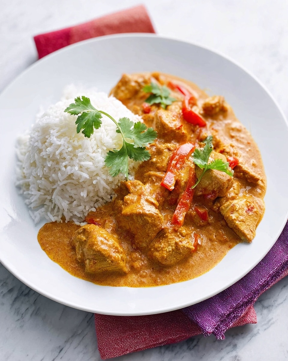 A white plate on a white marbled surface holds two main layers: on the left, a mound of plain white rice with a soft texture, and on the right, a thick, creamy chicken curry with a rich orange-brown color. The curry contains chunks of chicken and slices of red bell pepper, giving it a slightly chunky texture. A few fresh green coriander leaves lie on top of the curry as garnish. Under the plate are two folded cloths in shades of purple and red, adding contrast to the clean setting. Photo taken with an iphone --ar 4:5 --v 7