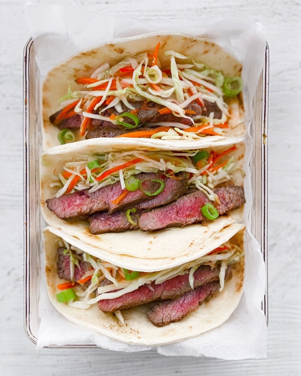 The image shows three soft white tortillas placed side by side in a clear rectangular container lined with white paper. Each tortilla contains three main visible layers: the bottom layer is filled with thin slices of medium-rare beef with a pink center and brown edges; the middle layer has thin white and orange shredded vegetables, likely cabbage and carrots, that add a crunchy texture; and the top layer is scattered with small green pieces, possibly sliced green onions. The container sits on a white marbled surface, creating a clean and bright background. photo taken with an iphone --ar 4:5 --v 7