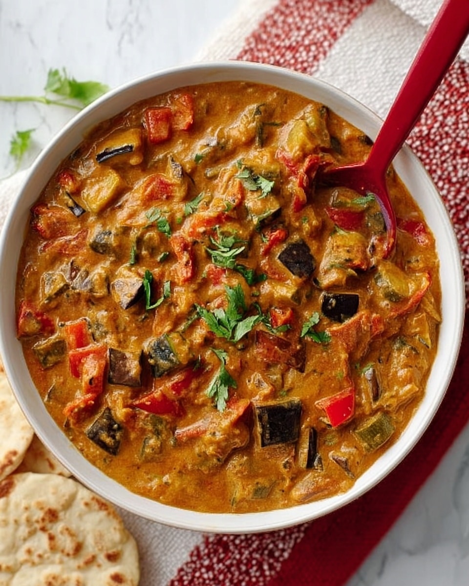 The image shows a round white dish filled with a creamy, thick stew with an orange-brown color, mixed with visible chunks of vegetables like red bell peppers and green and purple cubes, likely zucchini and eggplant. A red spoon is resting inside the dish, partially submerged in the stew, with some fresh green herb leaves placed on top as garnish. The dish is placed on a white marbled textured surface, with some round flatbread pieces nearby and a white and red cloth underneath. photo taken with an iphone --ar 4:5 --v 7