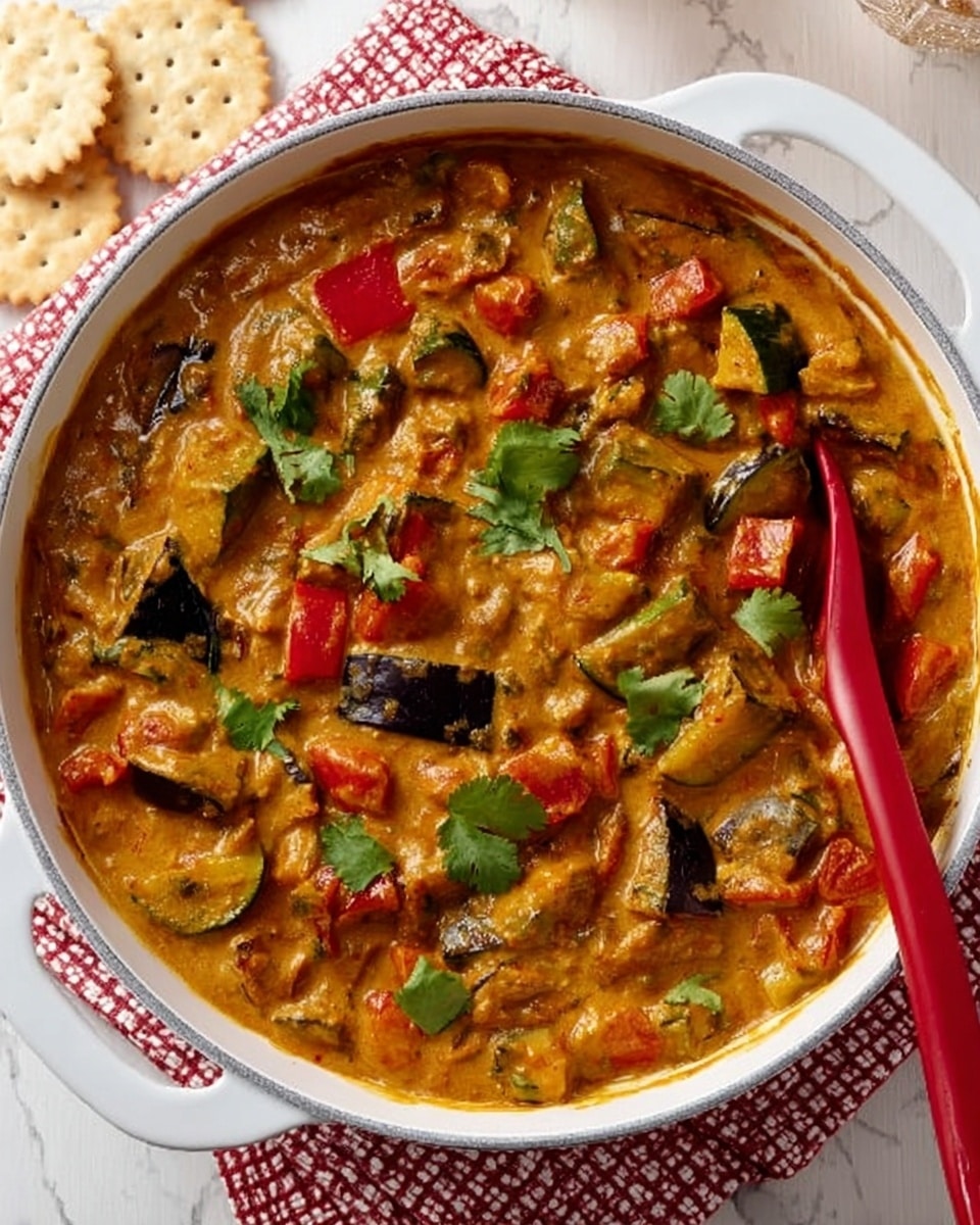 A round white casserole dish filled with a creamy, thick curry that has a golden brown color mixed with chunks of colorful vegetables including red bell peppers, green zucchini, and dark purple eggplant pieces, all covered in a rich sauce. The dish is garnished with fresh green cilantro leaves on top. A red spoon rests inside the dish, partially submerged in the curry. The casserole dish is placed on a white marbled surface with a white and red checkered cloth underneath and some round crackers nearby. Photo taken with an iphone --ar 4:5 --v 7