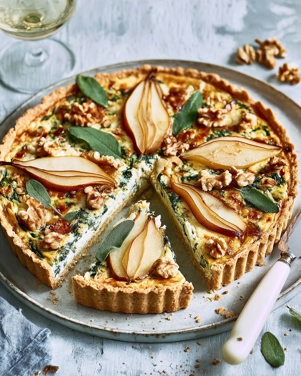 The image shows a tart with a golden-brown flaky crust as the base. On top, there is a creamy white layer with specks of green, likely spinach or herbs, mixed into a cheese filling. Thin slices of light brown baked pear are evenly placed over the cheese layer, along with halved walnuts scattered throughout. Bright green sage leaves add a fresh touch on top. A slice is cut out and slightly pulled away, revealing the layers clearly. The tart rests on a round light gray metal tray over a white marbled surface, with a white-handled knife placed to the right side. A white wine glass is partially visible in the bottom left corner. The photo is bright and well-lit, emphasizing the textures and colors. Photo taken with an iphone --ar 4:5 --v 7
