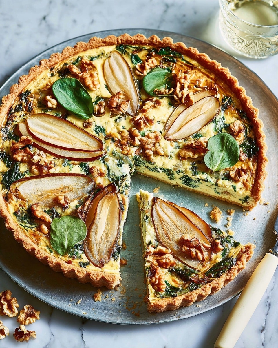 A round tart with a crimped golden-brown crust sits on a metal tray, resting on a white marbled surface. The tart has three visible layers: the bottom layer is a firm, flaky crust; the middle layer is a creamy, pale yellow filling with green spinach threads mixed in; the top layer is a mix of sliced golden-brown pears, whole walnut halves, and green leaves scattered evenly across the surface. One slice is cut and slightly pulled out, showing the creamy filling and crust layers. A white-handled knife lies next to the tart, and a glass of white wine is on the side, partially visible. Photo taken with an iphone --ar 4:5 --v 7