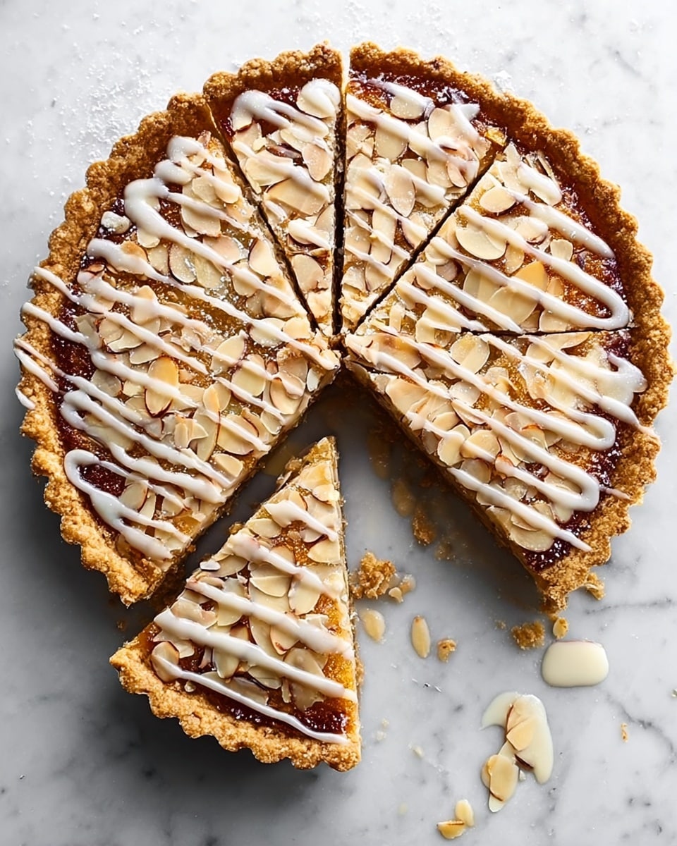 A round tart with a golden brown crust, topped with a baked almond layer that has visible sliced almonds sprinkled on top. The tart is drizzled with white icing in thin, random swirls crossing over the entire surface. One slice is slightly separated from the rest, showing the thickness of the crust and almond layer. The tart sits on a white marbled surface with some icing drips around it. photo taken with an iphone --ar 4:5 --v 7