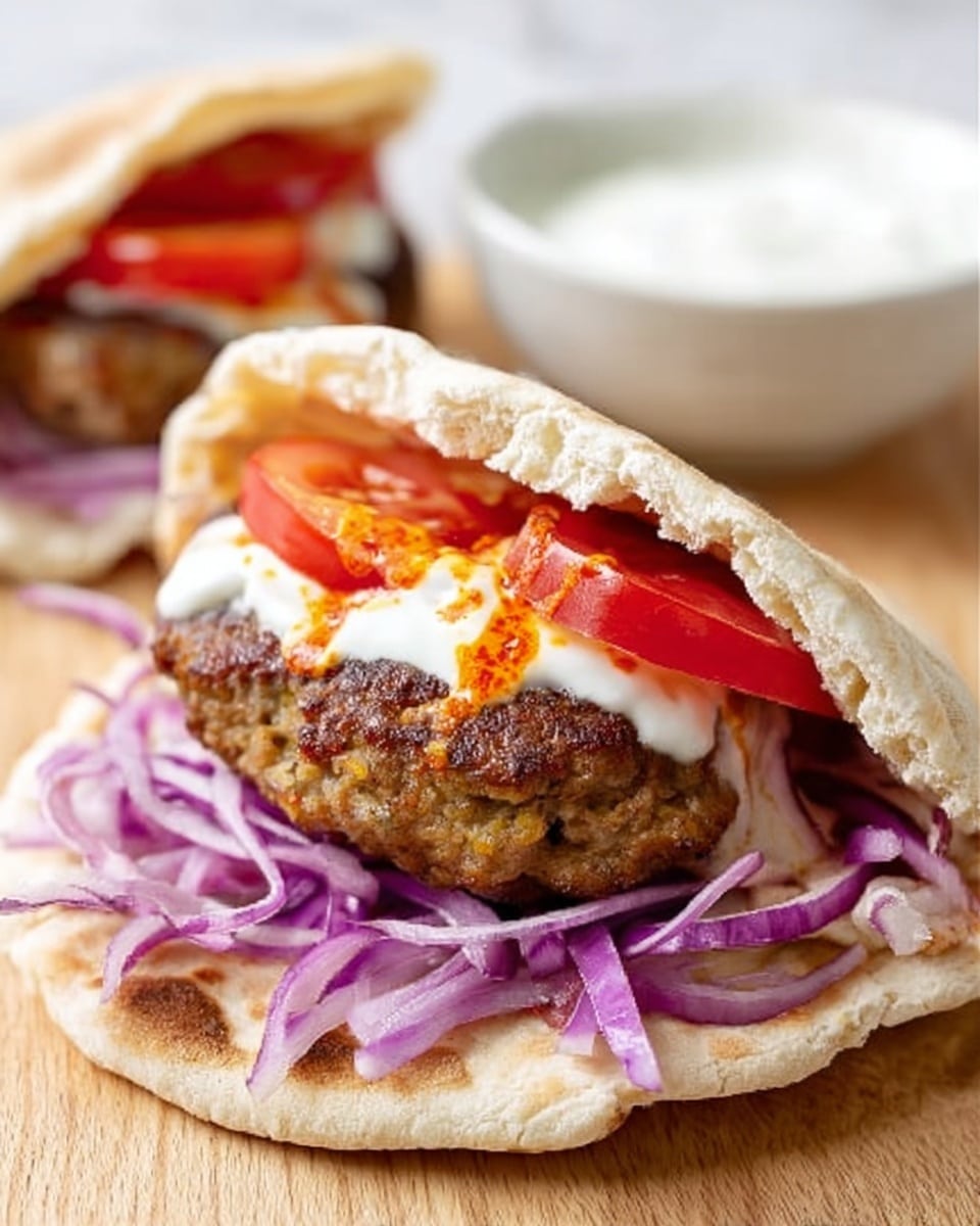 The image shows a pita bread sandwich placed open, revealing three main layers inside. The bottom layer consists of thinly sliced purple cabbage and red onion rings, giving a mix of light purple and red colors with a crunchy texture. On top of that, there are two thick slices of fresh red tomato, smooth and juicy looking. Above the tomatoes, a thick, browned meat patty sits, with a rough and grilled texture. On the meat patty, there is a white dollop of sauce topped with a small amount of orange-red chili sauce. The sandwich is on a light wooden surface, but the background and surface should be imagined as white marbled texture. In the background, a white bowl contains white sauce, slightly blurred. photo taken with an iphone --ar 4:5 --v 7