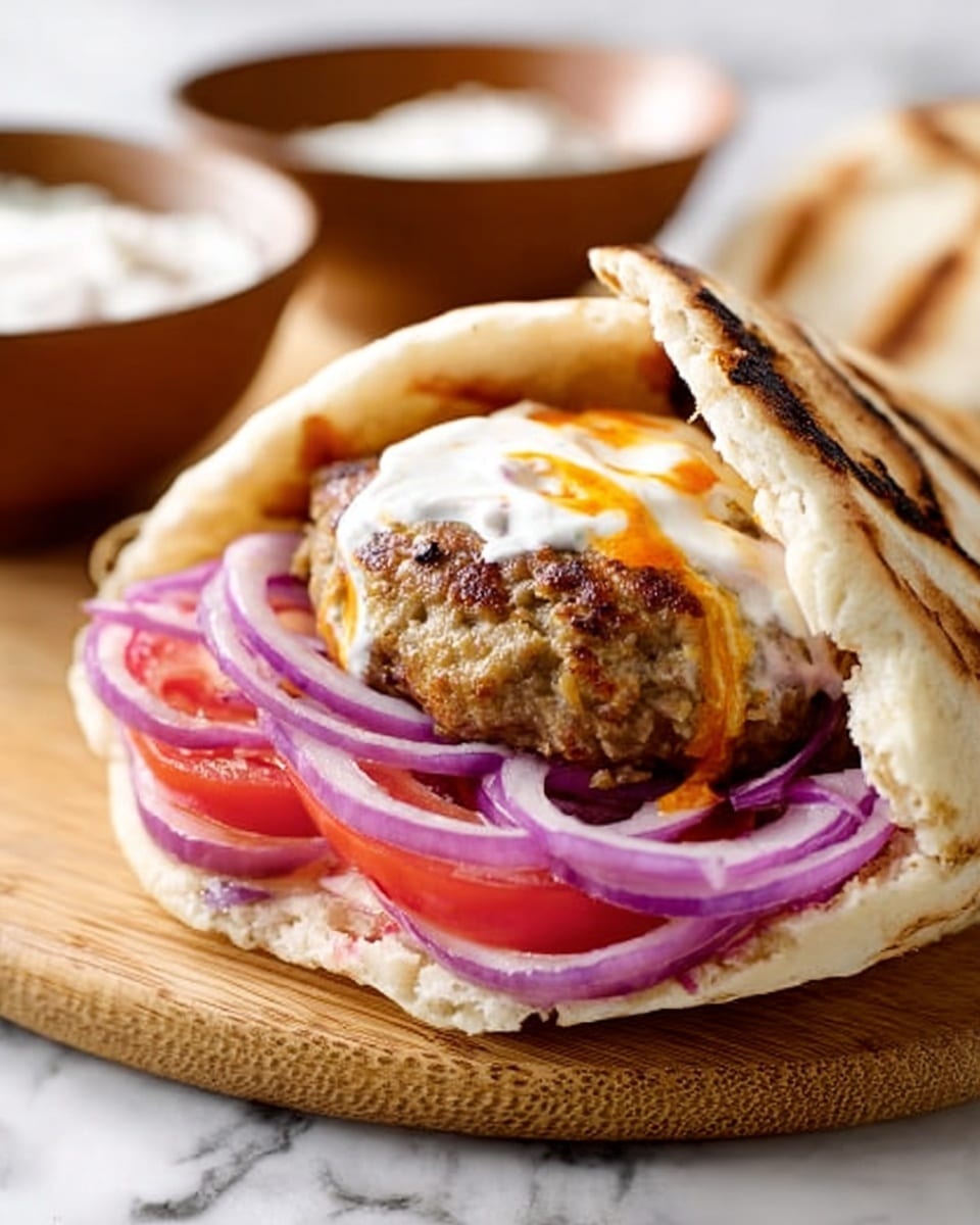 The image shows a pita bread sandwich partly open to reveal layers inside. The bottom layer has thin slices of purple onion arranged in loops, topped with several slices of red tomato. Above the tomato slices is a thick, browned grilled meat patty with a coarse texture. On top of the patty is a dollop of white sauce with a bit of orange sauce dripping slightly. The sandwich is placed on a wooden board, and a blurred brown bowl with white sauce is in the background. The scene is set against a white marbled surface. photo taken with an iphone --ar 4:5 --v 7
