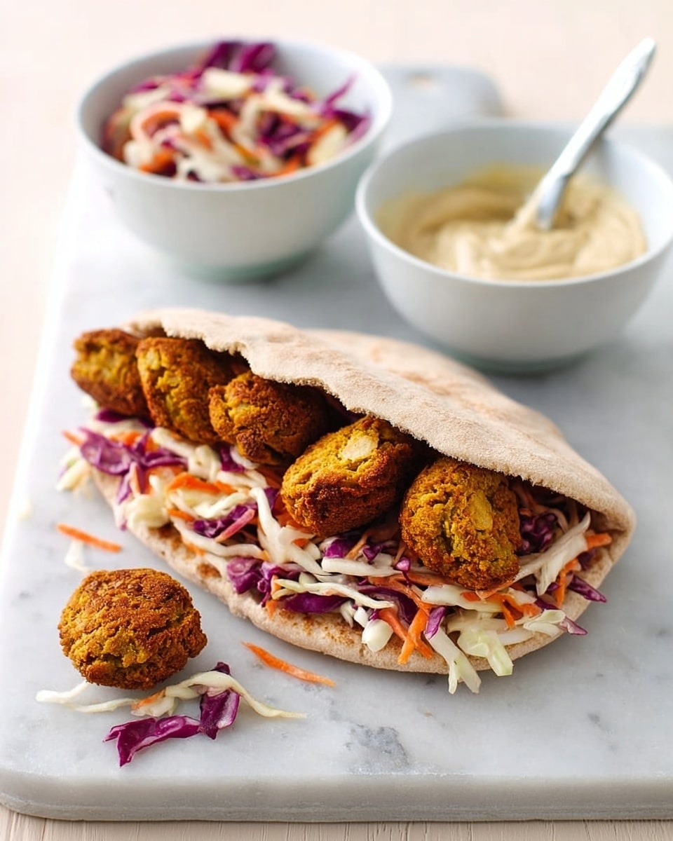The image shows a sandwich with soft, light brown pita bread filled with several layers: the bottom layer is shredded white and purple cabbage mixed with thin orange carrot strips, topped with golden-brown, crispy falafel balls arranged in a row inside the pita; some falafel balls sit on the white marbled surface next to the sandwich. Behind the sandwich are two white bowls, one filled with the same cabbage and carrot salad, and the other with a creamy beige sauce, a spoon resting inside. The scene is set on a white marbled textured surface, with soft natural light, photo taken with an iphone --ar 4:5 --v 7