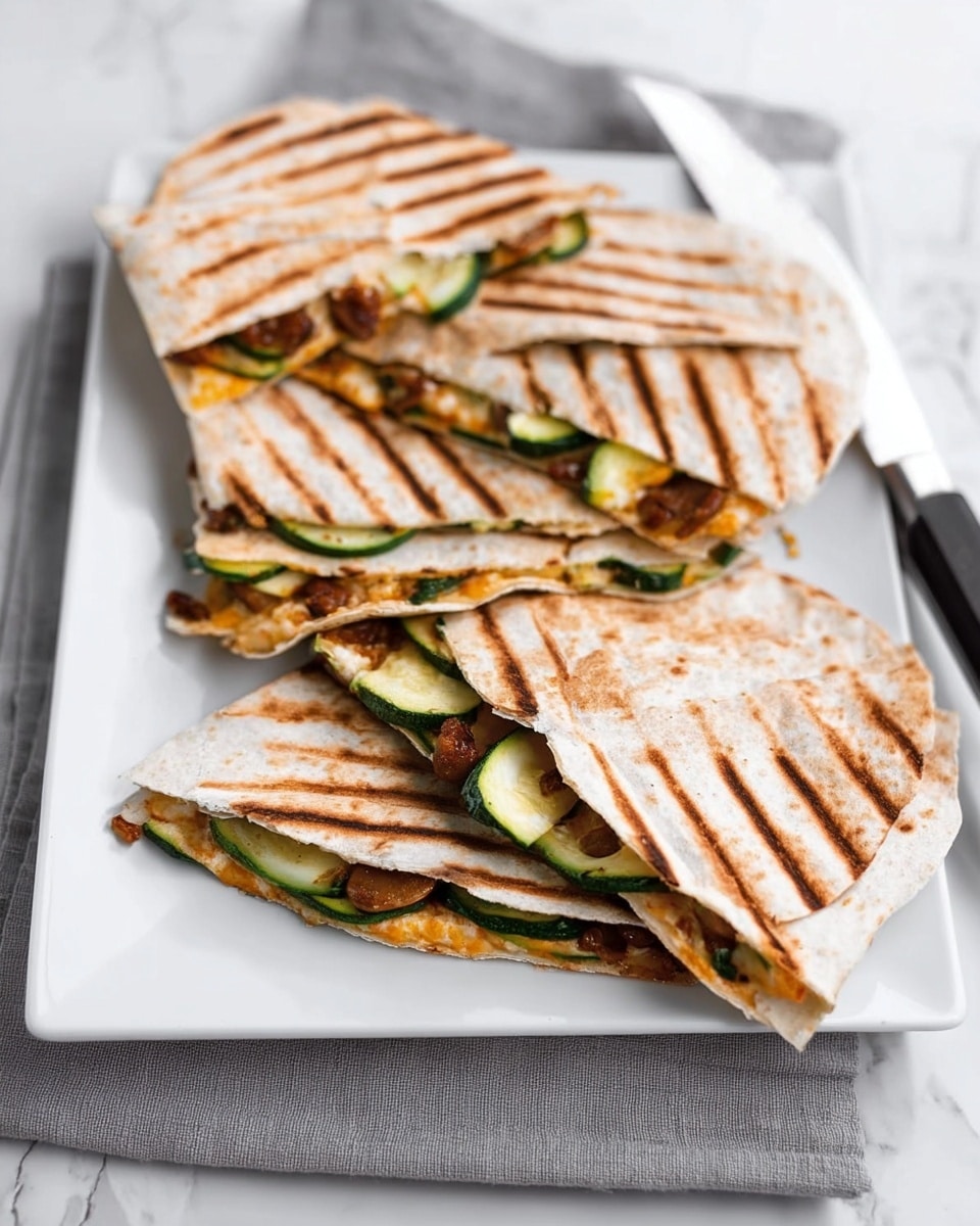 The image shows a white square plate holding five grilled quesadilla pieces arranged in a casual manner. Each quesadilla is made of two browned, toasted tortillas with visible grill marks, sandwiching a filling that includes green zucchini slices, melted cheese, and pieces of browned beans or nuts. The quesadilla pieces are layered with the tortillas on the top and bottom, and the filling is visible between them, with some filling slightly spilling out. The plate sits on a white marbled surface with a grey cloth corner visible underneath, and a metal knife is placed at the top right corner of the plate. Photo taken with an iphone --ar 4:5 --v 7