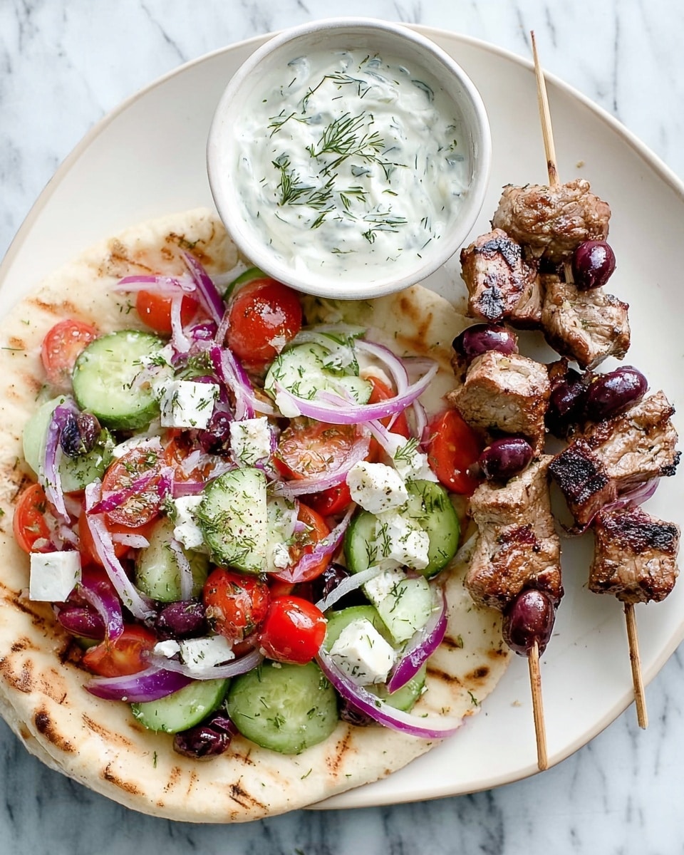 The image shows a white round plate on a white marbled surface filled with a colorful Greek salad made of sliced cucumber, tomato chunks, purple onion rings, black olives, and white feta cheese cubes, all lightly seasoned with herbs. Next to the plate, there is a piece of pita bread topped with the same salad ingredients, grilled meat pieces threaded on metal skewers arranged beside the pita, and a small white bowl filled with creamy white sauce garnished with dill. The textures vary from the soft pita bread, juicy salad pieces, tender grilled meat with char marks, to the smooth sauce. A woman's hand holds one of the skewers. Photo taken with an iphone --ar 4:5 --v 7