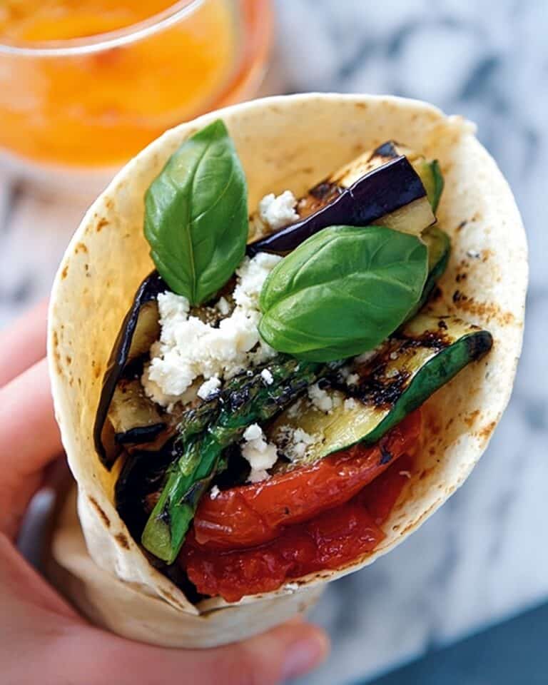 BBQ Vegetables with Goat’s Cheese and Basil Wraps Recipe