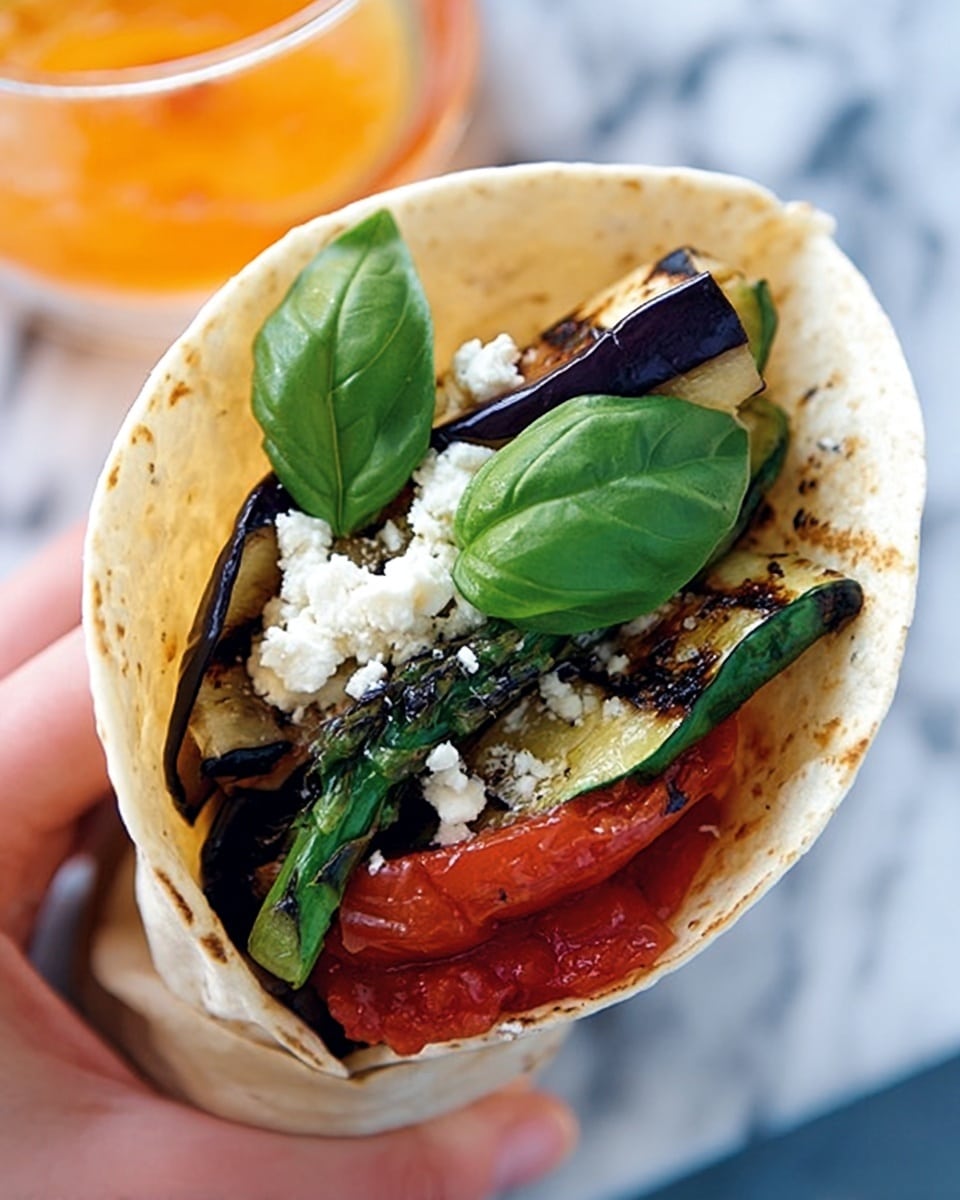 A white tortilla wrap folded to hold several layers of grilled vegetables and fresh toppings, starting at the bottom with a layer of red grilled tomato, followed by slices of charred dark purple eggplant and green grilled asparagus. Crumbled white cheese is sprinkled on top, and a few large bright green basil leaves sit near the surface. The wrap is held by a woman's hand, and the background shows a white marbled surface with a glass of orange drink partially visible. Photo taken with an iphone --ar 4:5 --v 7