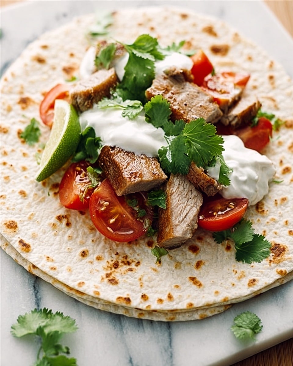 The image shows a tortilla wrap on a white marbled surface, layered with slices of red tomato, pieces of grilled meat with a brown crust and pink inside, dollops of white sour cream, and green cilantro leaves scattered on top and around. The tortilla is light beige with small brown spots and occupies the bottom layer, while the colorful fillings sit on top, creating a fresh and tasty look. Photo taken with an iphone --ar 4:5 --v 7