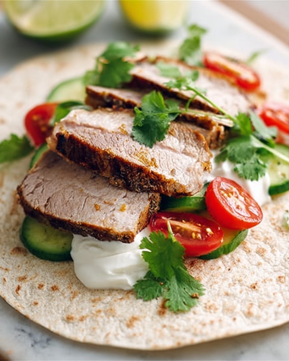 The image shows a stack of two soft flour tortillas laid flat on a white marbled surface. On top of the tortillas, there are several thick slices of cooked meat with a brown crust and pink inside, arranged in the center. Beneath and around the meat, there are fresh green cucumber slices and bright red tomato slices with visible seeds. Small dollops of white cream are placed carefully on the meat and tomatoes. Fresh green cilantro leaves are scattered on top and around the ingredients, adding a touch of color. The overall look is fresh and inviting, with clear layers and textures. Photo taken with an iphone --ar 4:5 --v 7