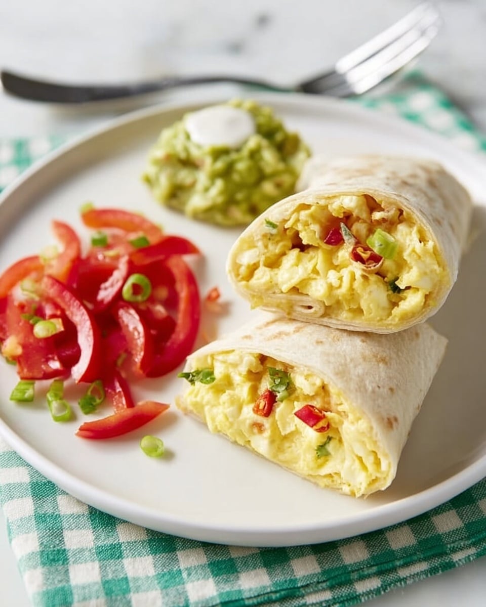 A white plate on a white marbled surface shows a breakfast scene with two burritos cut in half and stacked. The burritos have soft light beige tortillas wrapping a filling of fluffy yellow scrambled eggs mixed with small red chili slices and green herbs. To the left of the burritos is a small pile of fresh red tomato strips mixed with green scallions, giving a fresh, bright contrast. Behind the tomatoes is a dollop of chunky green guacamole topped with a small white sauce spot. A silver fork rests on the upper left side of the plate, with a woman's hand holding it. The plate sits on a green and white checkered cloth. photo taken with an iphone --ar 4:5 --v 7
