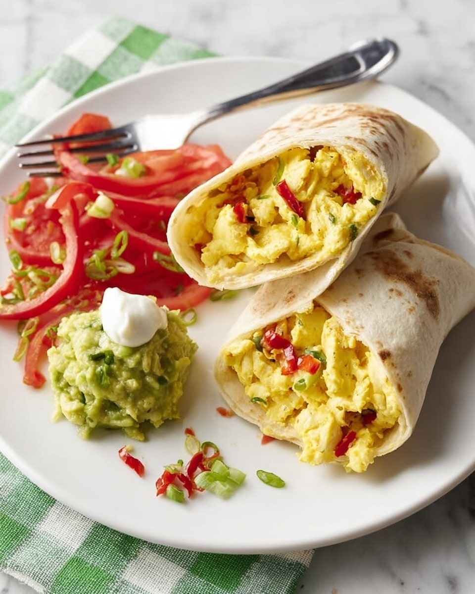 A white plate on a white marbled surface holds two burrito halves stacked with the open ends facing forward, showing a filling of soft scrambled eggs mixed with small red chili slices and green herbs. Next to them is a small mound of chunky green guacamole topped with a small dollop of white sour cream. On the plate’s left side, thin red tomato strips mixed with green scallion pieces create a fresh salad. A silver fork rests on the plate’s edge. The setting includes a green and white checkered cloth underneath the plate. Photo taken with an iphone --ar 4:5 --v 7