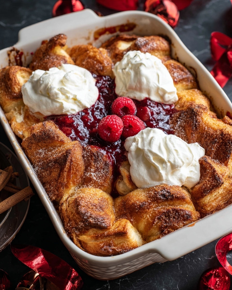 The dish is a baked croissant pudding in a white baking dish filled with golden brown croissant pieces that have a slightly darker, crispier top layer. On top of the croissants, there are dollops of white creamy whipped cream layered around a central area with deep red raspberry sauce and a few fresh red raspberries. The croissants look soft and textured with a sugared and cinnamon-spiced topping. The dish sits on a white marbled surface with some red ribbon and a dark background visible around the edges. Photo taken with an iphone --ar 4:5 --v 7