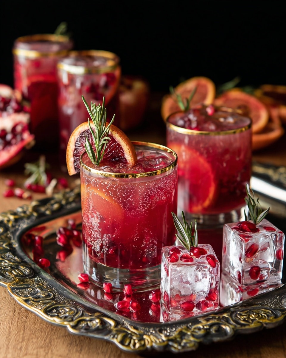 The image shows three clear glasses with gold rims filled with a red drink and ice cubes, placed on an ornate gold and black mirror tray. Each glass has visible red pomegranate seeds, small rosemary sprigs, and a half slice of blood orange, with the drink exhibiting a bright red and slightly pink tone with a sparkling texture. Scattered on the tray are loose pomegranate seeds and two ice cubes with rosemary and blood orange slices inside, all placed on a wooden surface against a black background. Photo taken with an iphone --ar 4:5 --v 7