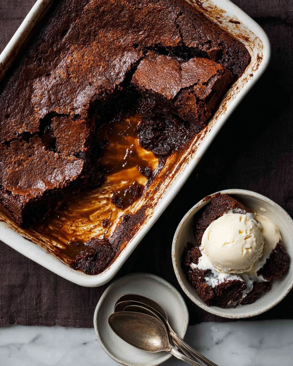 The image shows a white rectangular baking dish with a dark brown chocolate dessert, which has a slightly cracked top layer. Inside the dish, there is a scooped-out section revealing a gooey layer of melted chocolate mixed with a moist, golden brown cake layer beneath the top crust. Next to the baking dish is a white bowl containing a serving of the dessert alongside a scoop of creamy white vanilla ice cream. The dessert piece in the bowl has visible layers: a crumbly dark top, a moist golden middle, and melted chocolate on the bottom. Two silver spoons rest in another empty white bowl nearby, all set on a white marbled surface. photo taken with an iphone --ar 4:5 --v 7