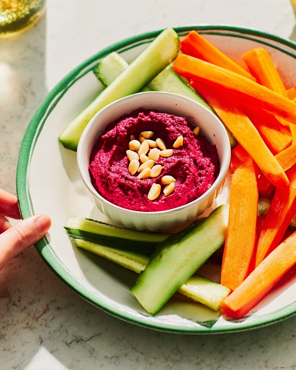 A white plate with a green rim holds a small white bowl filled with bright red beet dip topped with a few toasted pine nuts. Around the bowl, there are fresh carrot and cucumber sticks arranged in a scattered, casual way. The plate sits on a white marbled surface. A woman's hand is seen reaching toward the plate from the left side of the image. The colors are vibrant, showing the contrast between the green cucumber, orange carrot, and red dip. photo taken with an iphone --ar 4:5 --v 7
