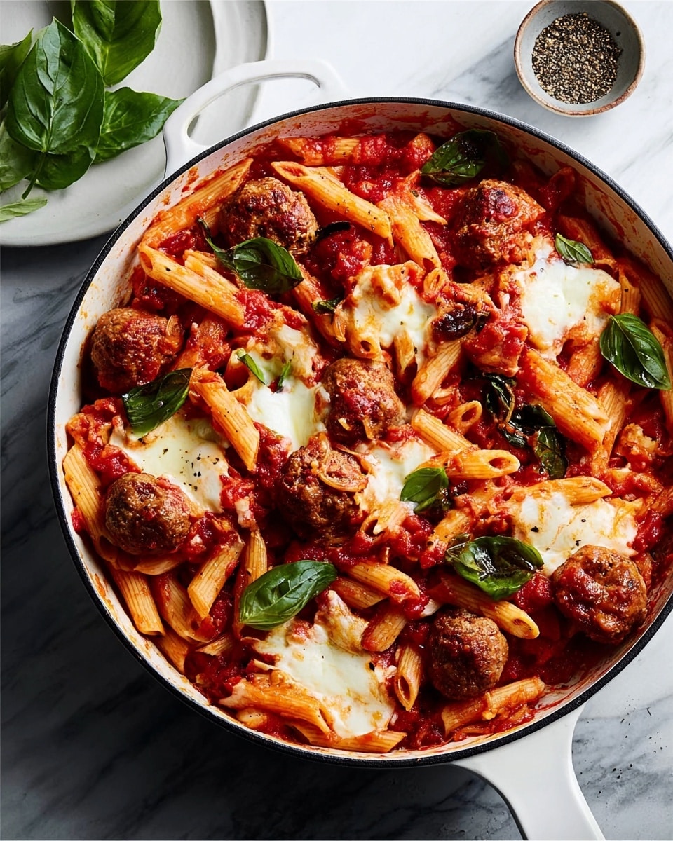 A black cast iron pan filled with cooked penne pasta mixed with a bright red tomato sauce, generously topped with large, round brown meatballs spread evenly throughout; melted white cheese patches are melted on top in several spots, and fresh dark green basil leaves are scattered over the dish. The pan sits on a white marbled surface, next to a white plate with fresh basil leaves and a small white bowl with a mix of ground black pepper and salt. Photo taken with an iphone --ar 4:5 --v 7