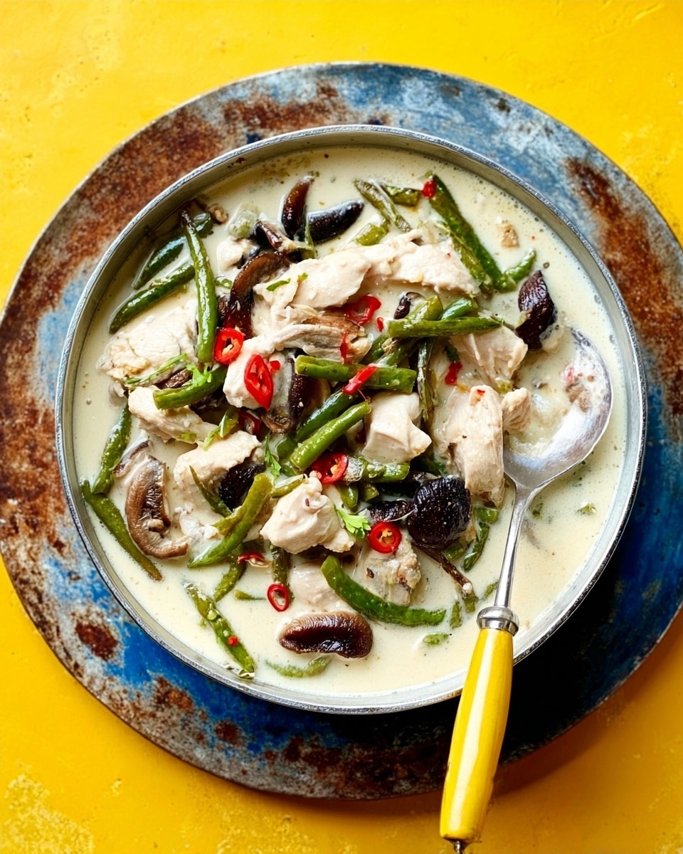 A white metal bowl filled with creamy white soup containing several layers: pieces of light beige chicken, dark brown mushrooms, and green long beans, all floating in a smooth pale broth. Thin slices of red chili add small bright red accents on top. The bowl is placed on a rusty, weathered round tray, which sits on a white marbled surface. A large silver ladle with a yellow handle rests in the bowl, and a few green herbs slightly peek from the side. Photo taken with an iphone --ar 4:5 --v 7