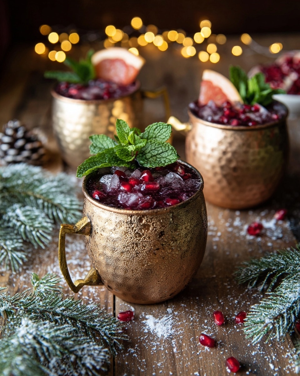 Three hammered gold mugs with shiny gold handles are filled with a dark red drink topped with bright red pomegranate seeds, small green mint leaves, and a wedge of pale yellow lemon resting on the rim. The mugs sit on a wooden table decorated with frosty green pine sprigs and pine cones sprinkled with white frost. Scattered around are a few loose pomegranate seeds and a partially cut pomegranate. In the soft-focused background, warm golden fairy lights glow against a dark backdrop, adding cozy light to the scene. photo taken with an iphone --ar 4:5 --v 7