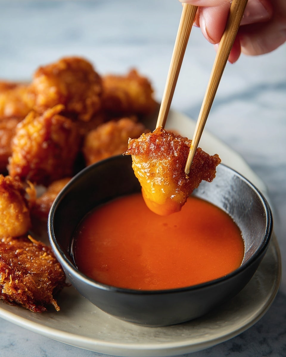 A close-up shows a woman's hand holding wooden chopsticks picking up a small, golden-brown, crispy fried bite, dipping it into a small black bowl filled with smooth, bright orange-red sauce. In the blurred background, a white plate holds several more of the same crispy fried pieces, each with a textured, crunchy exterior and warm, golden colors. The whole scene rests on a white marbled texture surface. photo taken with an iphone --ar 4:5 --v 7