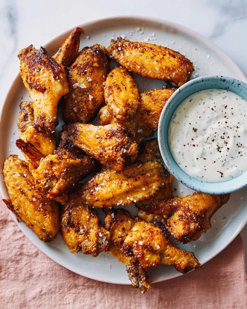 A white plate filled with a single layer of golden brown chicken wings that have a crispy, slightly charred texture, sprinkled with coarse salt. On the right side of the plate, a small white bowl with a blue rim holds a creamy white dipping sauce topped with ground black pepper. The plate and bowl sit on a white marbled surface with a soft pink cloth partially visible underneath. Photo taken with an iphone --ar 4:5 --v 7