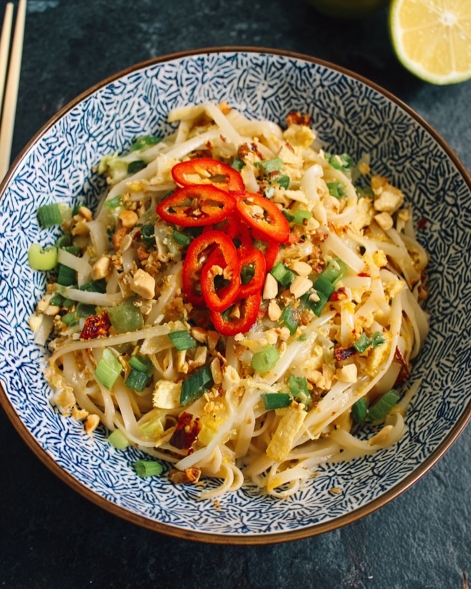 A white bowl with blue patterns is filled with a mix of light-colored flat noodles as the base layer, topped with chopped green onions and crushed light brown peanuts scattered evenly. Thin slices of red chili peppers rest on top, adding bright spots of color. Small pieces of light beige tofu are mixed throughout. The bowl is placed on a dark surface with a lemon wedge nearby. photo taken with an iphone --ar 4:5 --v 7