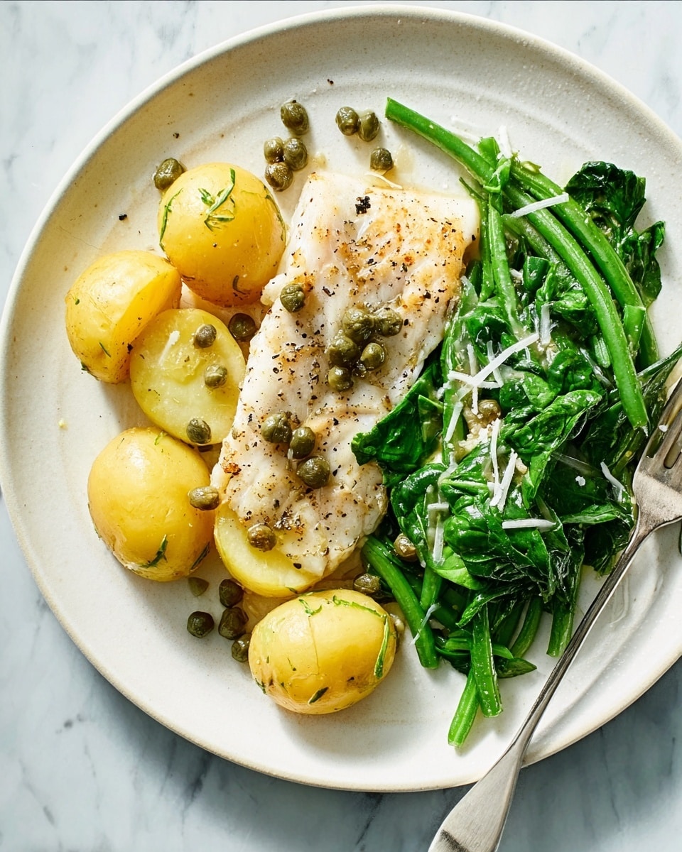 A round white plate holds a meal with three main parts: on the left are halved yellow potatoes with a smooth, slightly shiny surface, scattered with small green capers; in the center is a single grilled white fish fillet, lightly browned with black pepper sprinkled on top and a few capers resting on it; on the right side is a pile of bright green leafy spinach mixed with thin green beans, all glistening slightly and topped with small white flakes of parmesan cheese. A silver fork is placed at the top edge of the plate, resting partly on the fish. The plate sits on a white marbled surface. Photo taken with an iphone --ar 4:5 --v 7