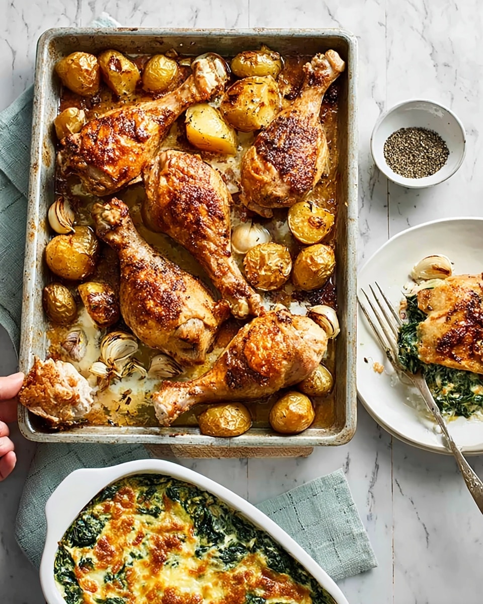 A baking tray filled with roasted chicken pieces and small roasted potatoes, golden brown and crispy, scattered with whole garlic cloves on a white marbled surface. The chicken pieces are a mix of drumsticks and breast cuts with a caramelized texture. Next to the tray, a white baking dish holds a creamy baked spinach and cheese casserole with a bubbly browned top layer. Nearby, a white plate shows a serving of the roasted chicken and potatoes, with a fork placed beside the food. A small bowl with black pepper sits on the side, completing the setting. photo taken with an iphone --ar 4:5 --v 7