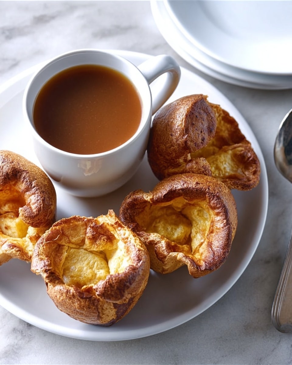 A white plate holds four golden-brown yorkshire puddings with a crispy, textured surface and slightly irregular, puffy shapes. Next to the puddings is a white cup filled with light brown gravy, smooth and shiny on top. The plate and cup sit on a white marble surface with soft gray veins. To the right edge of the image, a white saucer holds a shiny silver spoon. The scene looks natural and inviting, with soft daylight lighting. photo taken with an iphone --ar 4:5 --v 7