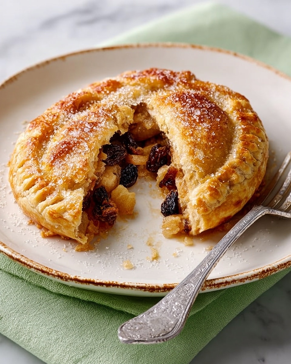 A golden-brown pastry shaped in a spiral sits on a white plate with a thin decorated edge, placed on a white marbled surface. The pastry has five slits on top showing a filling inside made of dark raisins and light brown pieces, giving a mix of soft and crumbly textures. The crust looks crunchy with a sugar sprinkle creating a sparkling effect. A silver fork rests on the right side of the plate. Photo taken with an iphone --ar 4:5 --v 7