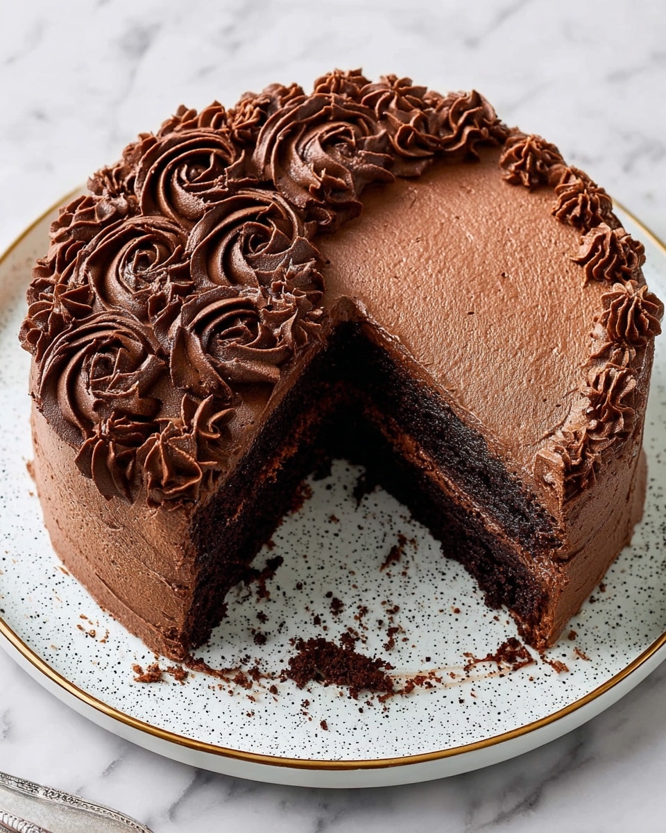 A round chocolate cake with three visible layers, each dark brown and moist, sits on a white plate with small black specks and a thin gold rim, placed on a white marbled surface. The top layer is covered smoothly with a rich milk chocolate frosting, except for the left side where there are textured swirls and rosettes of thicker chocolate frosting, all in deep brown shades. A slice is cut out, showing the soft cake layers and leaving some crumbs around the plate. The cake’s edge is also decorated with small frosting rosettes. Photo taken with an iphone --ar 4:5 --v 7