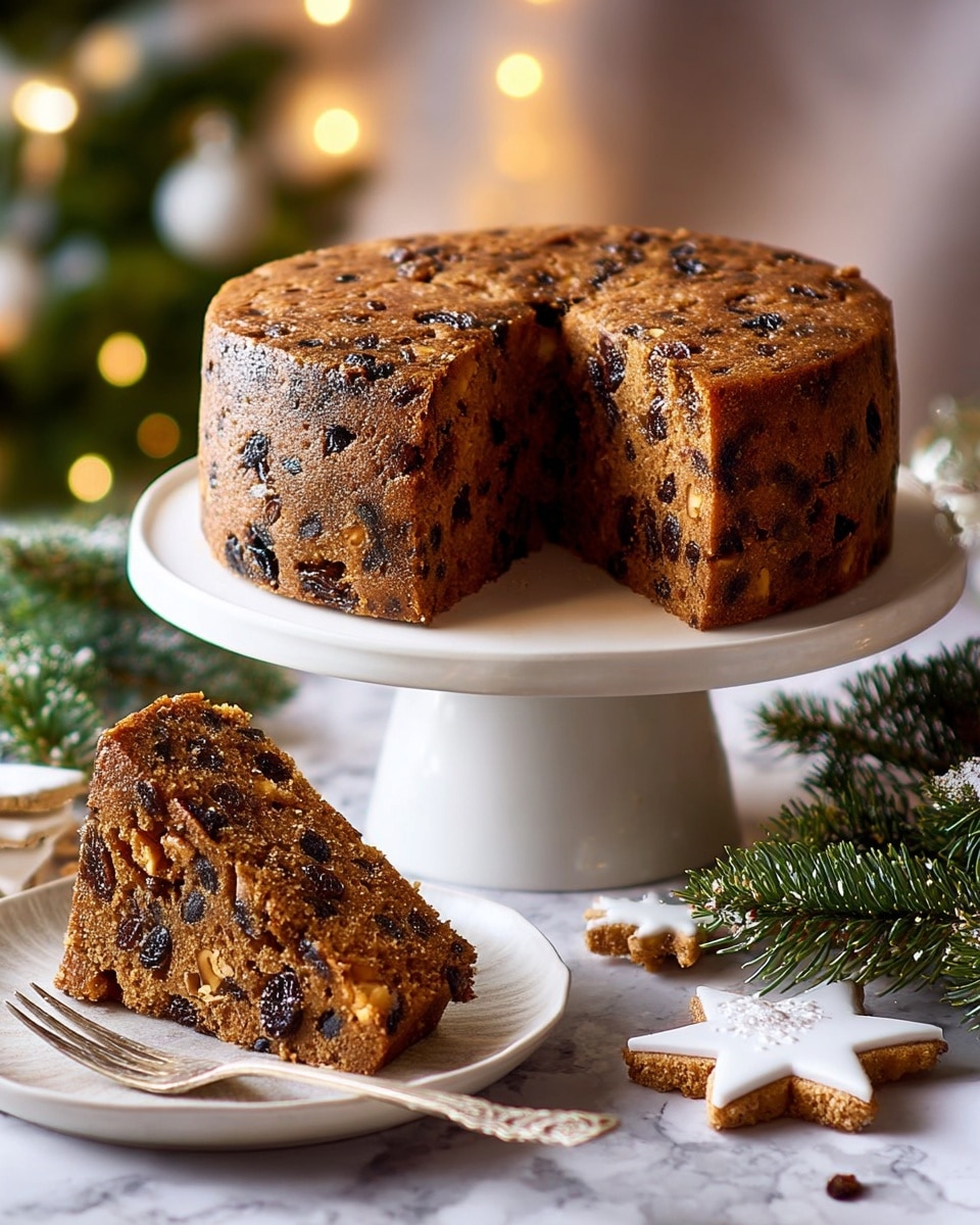A round fruitcake with a dense texture is displayed on a white cake stand with a wide base. The cake is medium brown, filled with dark raisins and lighter nut pieces throughout. A wedge has been cut out, showing a thick single layer of moist cake rich with fruit and nuts. The slice is placed on a white plate in the foreground with a silver fork resting beside it. Green pine branches and white star-shaped cookies decorate the white marbled surface beneath, and warm round lights softly glow in the blurred background. photo taken with an iphone --ar 4:5 --v 7