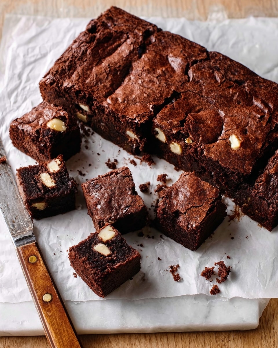 The image shows a rectangular chocolate brownie block with a rough, cracked dark brown top layer on white parchment paper over a white marbled surface. Several brownie squares are cut and placed near the block, showing a dense, moist dark brown inside with visible large white nut pieces scattered within. Crumbs are scattered lightly around the brownies on the parchment. A knife with a wooden handle lies beside the brownie block, partially resting on the paper. photo taken with an iphone --ar 4:5 --v 7